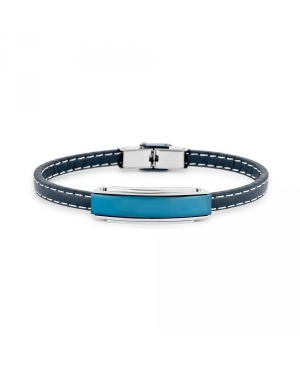 Pulsera hombre de acero y cuero azul pespuntes